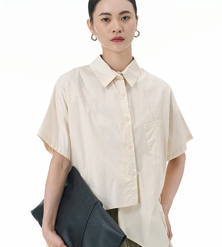 Women Apricot Irregular Hem Big Size Casual Blouse New Lapel Short Sleeve Shirt Fashion Tide Spring Summer 2025 1DJ1503