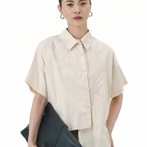 Load image into Gallery viewer, Women Apricot Irregular Hem Big Size Casual Blouse New Lapel Short Sleeve Shirt Fashion Tide Spring Summer 2025 1DJ1503

