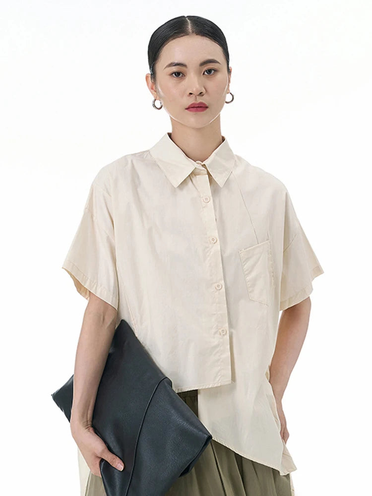 Women Apricot Irregular Hem Big Size Casual Blouse New Lapel Short Sleeve Shirt Fashion Tide Spring Summer 2025 1DJ1503