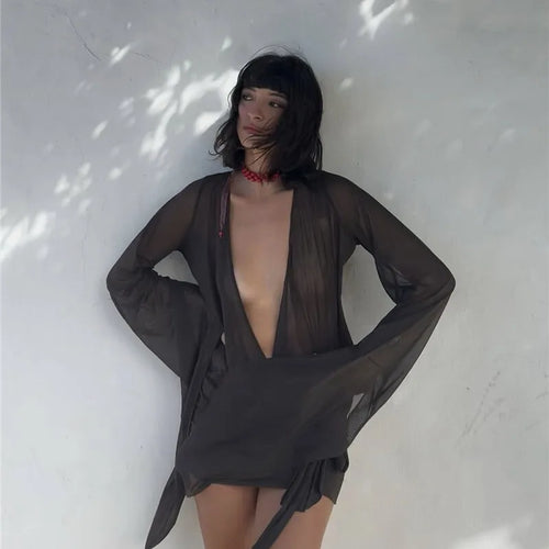 Load image into Gallery viewer, Mesh See Through Sexy Mini Dress For Women Black Sheer Mesh Deep V Neck Long Sleeve Backless Draped Ruched Dress
