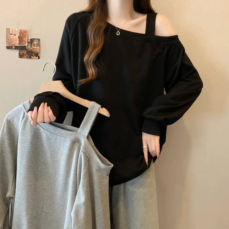 Korean Version Casual Women's Autumn Winter New Grey Versatile Long Sleeved Cotton Tops Black Off Shoulder Velvet Sweatershirt