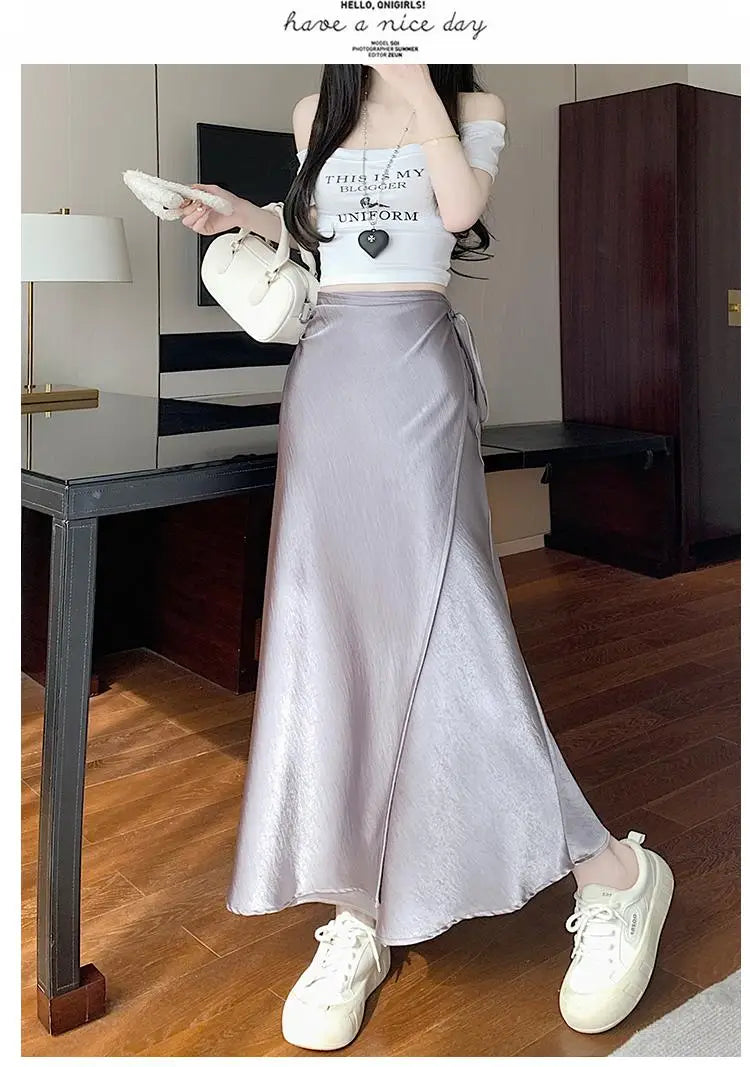 French Fashion Solid High Waist Lace-up Long Skirts 2025 Spring Summer Women Vacation Pleated Fishtail Skirt Simplicity Popular