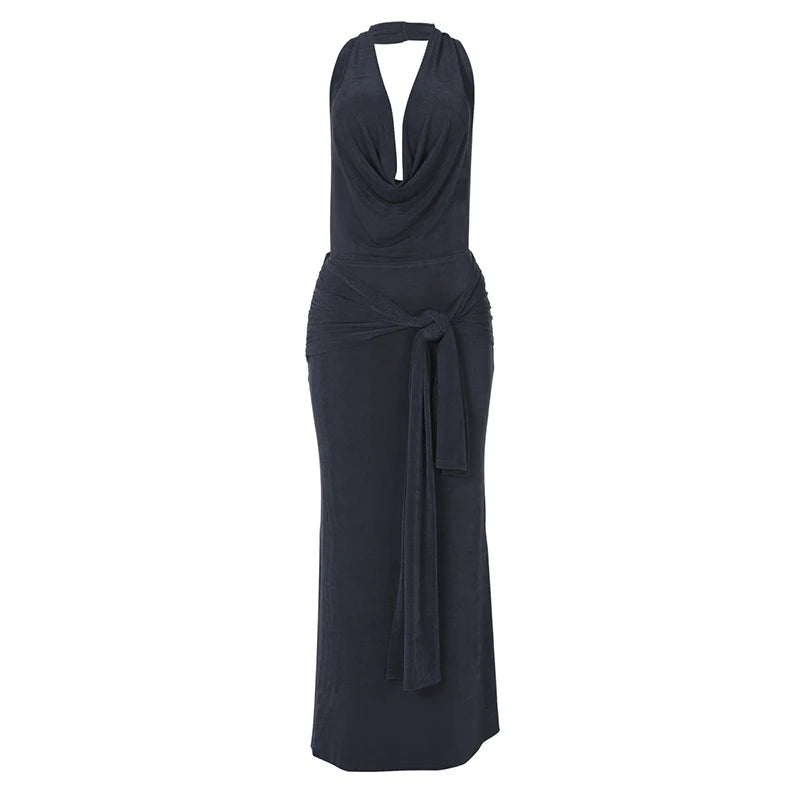 Deep V Neck Backless Sexy Maxi Dress For Women Elegant Hollow Out Bandage Sleeveless Bodycon Club Long Dress Fashion