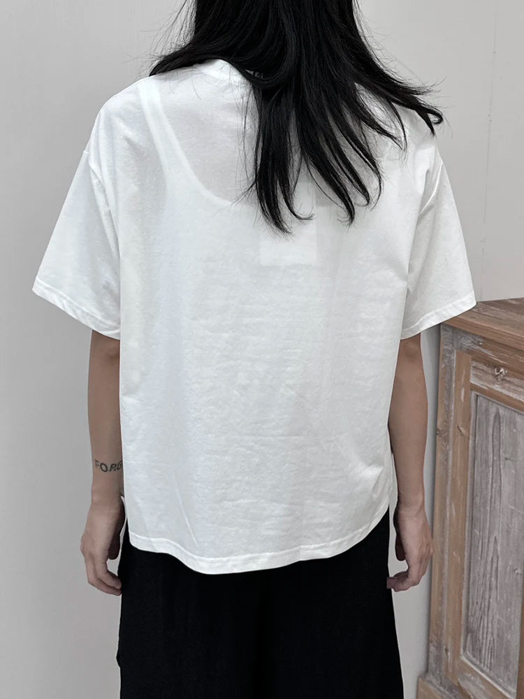Women White  Plaid Irregular Hem Big Size T-shirt New Round Neck Short Sleeve Fashion Tide Spring Summer 2025 1DJ1674