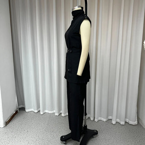 Load image into Gallery viewer, Office Elegant Sets Women Stand Collar Sleeveless Spliced Belt Hollow Out Top High Waist Wide Leg Pant Slim Set Female New
