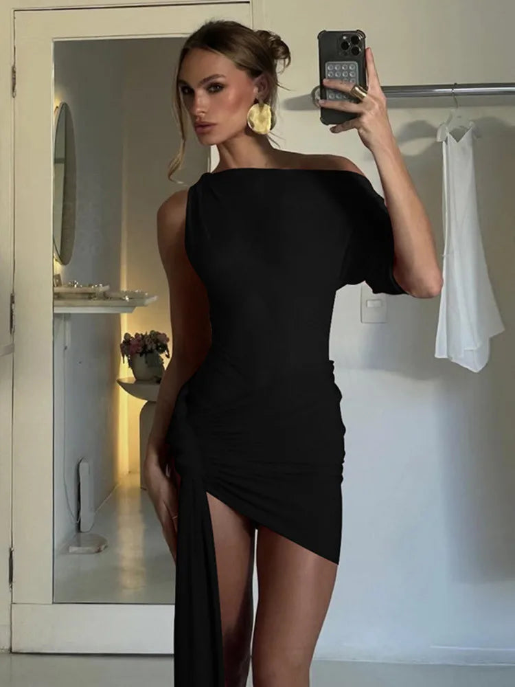 Oblique Shoulder Backless Irregular Sexy Mini Dress For Women Fashion Sleeveless Draped Ruched Club Dress Elegant