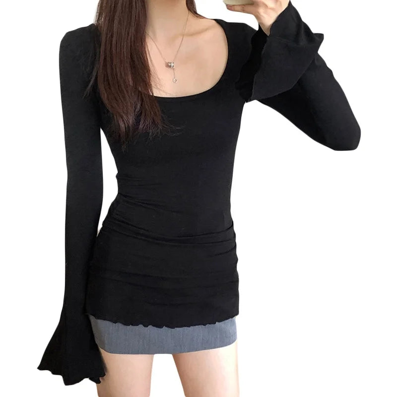 y2k Tops for Women Aesthetic Clothing Solid Color Round Neck Flared Long Sleeve T Shirts 2000s Clothes Streetwear