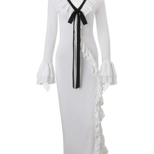 Load image into Gallery viewer, Elegant Long Sleeved Ruffled Slit Dress Women 2024 Winter Sexy V-neck Bodycon Party Evening Dress Holiday Beach Clothing
