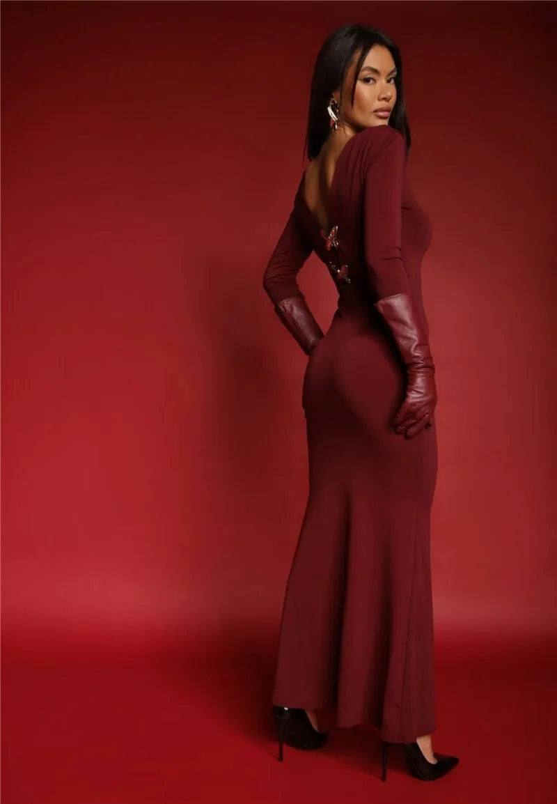 Two Butterfly Long Sleeve Sexy Maxi Dress For Women Gown Fashion Hollow Out V Neck Backless Bodycon Club Long Dress