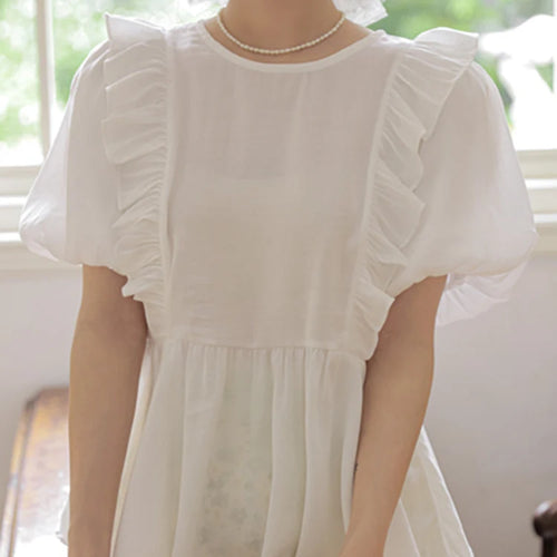 Load image into Gallery viewer, White Ruffles Puff Sleeve Hollow Women&#39;s Blouses Summer O-neck Solid Color Elegant Fashion Streetwear Casual Basic Blouse
