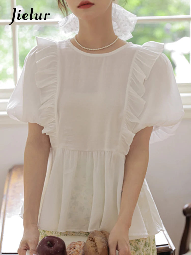 White Ruffles Puff Sleeve Hollow Women's Blouses Summer O-neck Solid Color Elegant Fashion Streetwear Casual Basic Blouse