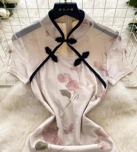 Women New Chinese Style Vintage Beige Print Elegant Long Dress 2024 Summer Fashion Hollow Out Slim Short Sleeve Sexy Party Dress