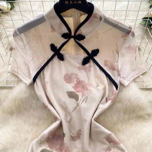 Load image into Gallery viewer, Women New Chinese Style Vintage Beige Print Elegant Long Dress 2024 Summer Fashion Hollow Out Slim Short Sleeve Sexy Party Dress
