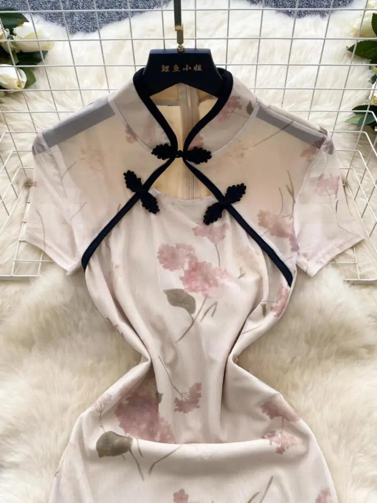 Women New Chinese Style Vintage Beige Print Elegant Long Dress 2024 Summer Fashion Hollow Out Slim Short Sleeve Sexy Party Dress