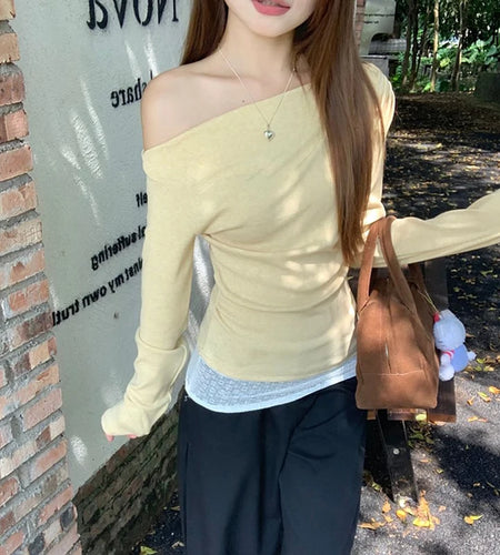 y2k Aesthetic Tops 2000s Women Clothes Lace Patchwork Off Shoulder Long Sleeve T Shirts Fairycore Clothing Streetwear