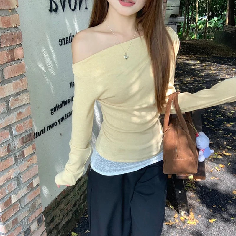 y2k Aesthetic Tops 2000s Women Clothes Lace Patchwork Off Shoulder Long Sleeve T Shirts Fairycore Clothing Streetwear