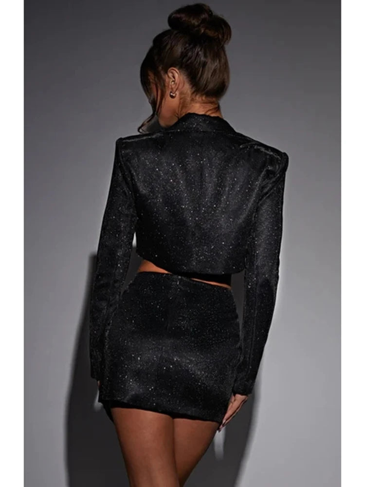 Shiny Double-Layer Bandage Slim-Fit Suit Suit Women'S Pocket Bolero Skirt Skirt Women'S Cutaway Collar Coat Top Suit New