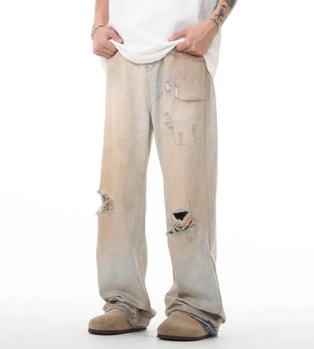 Men's Jeans Washed Distressed New American High Streeet Style Worn-out Loose Hole Trendy Male Casual Trousers 9W1823