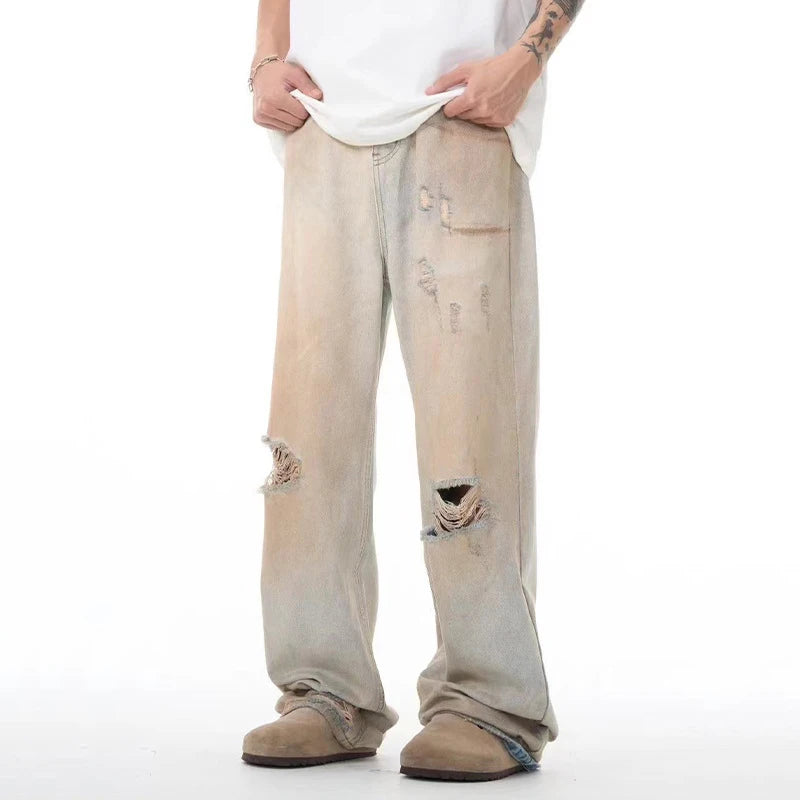 Men's Jeans Washed Distressed New American High Streeet Style Worn-out Loose Hole Trendy Male Casual Trousers 9W1823