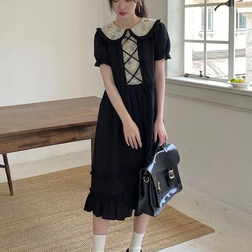 Load image into Gallery viewer, Kawaii Lolita School Dress Soft Sweet Preppy Japanese Student Ruffles Black Puff Sleeve Party Midi Dresses Autumn
