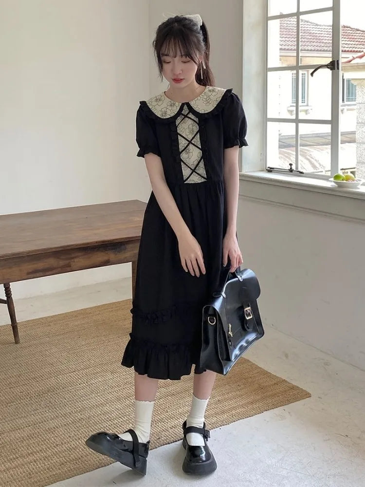 Kawaii Lolita School Dress Soft Sweet Preppy Japanese Student Ruffles Black Puff Sleeve Party Midi Dresses Autumn