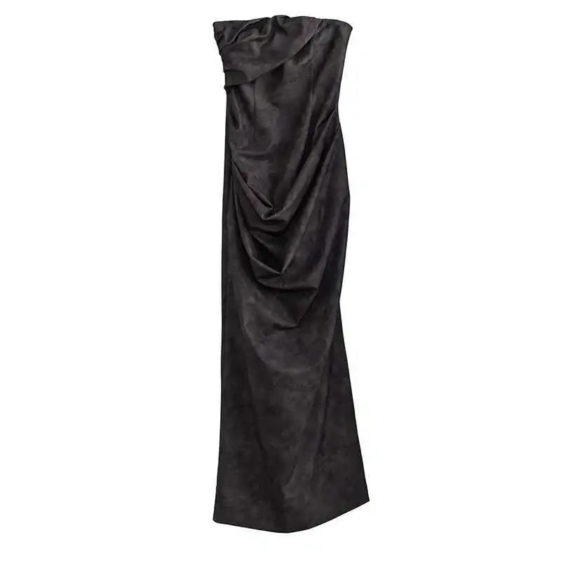 Women Gray Shaped Pleated Pu Leather Long Elegant Strapless Dress New Sleeveless Fashion Tide Spring Autumn 2025 1DH4724