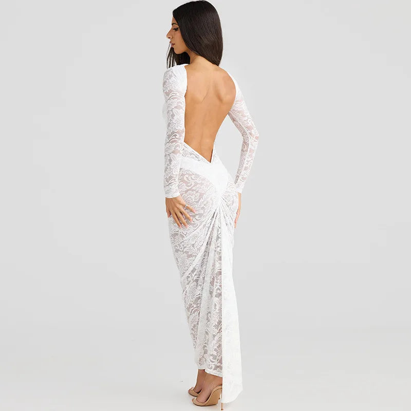 Lace Backless Sexy Maxi Dress For Women Gown Fashion Solid O Neck Long Sleeve Ruched Bodycon Club Long Dress Vestido