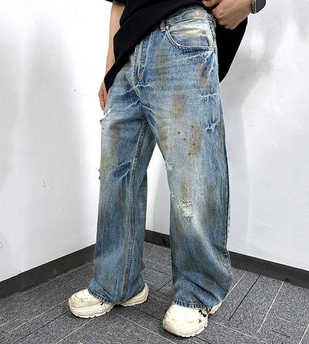 Men's Jeans New Summer Dirty Simple Straight Wide Leg Trendy Worn-out Pesonality Hole Male Loose Denim Pants 9W1862