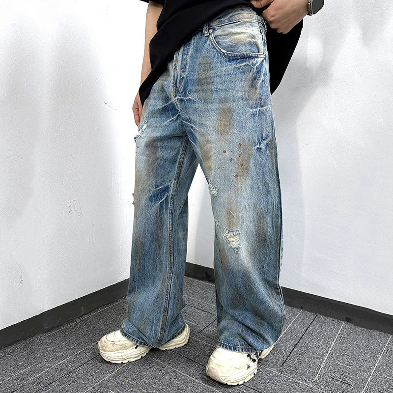 Men's Jeans New Summer Dirty Simple Straight Wide Leg Trendy Worn-out Pesonality Hole Male Loose Denim Pants 9W1862