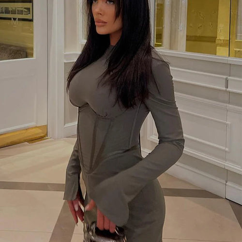 Load image into Gallery viewer, Women Illusion Bodycone Mini Dress O-Neck Split Flare Sleeve Wrap Skirt Solid Slim Bodycon Spring Summer New Partywear
