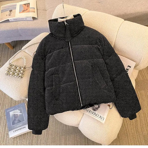Load image into Gallery viewer, Korean Women Solid Long Sleeves Parkas Autumn Winter Warm Short Down Cotton Jacket Stand Collar Zipper Coat New Fashion Clothing
