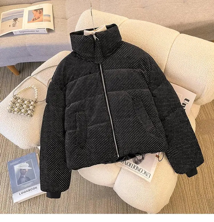 Korean Women Solid Long Sleeves Parkas Autumn Winter Warm Short Down Cotton Jacket Stand Collar Zipper Coat New Fashion Clothing