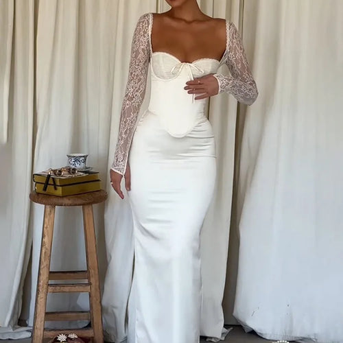 Load image into Gallery viewer, Lace Long Sleeve Sexy Maxi Dress For Women White Square Collar Backless Back Split Bodycon Club Party Long Dress
