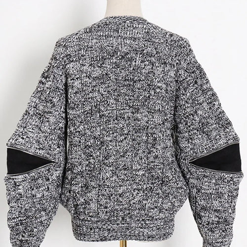 Load image into Gallery viewer, Minimalist Knitting Sweaters For Women Round Neck Long Sleeve Patchwork Zipper Loose Casual Sweater Female Fashion
