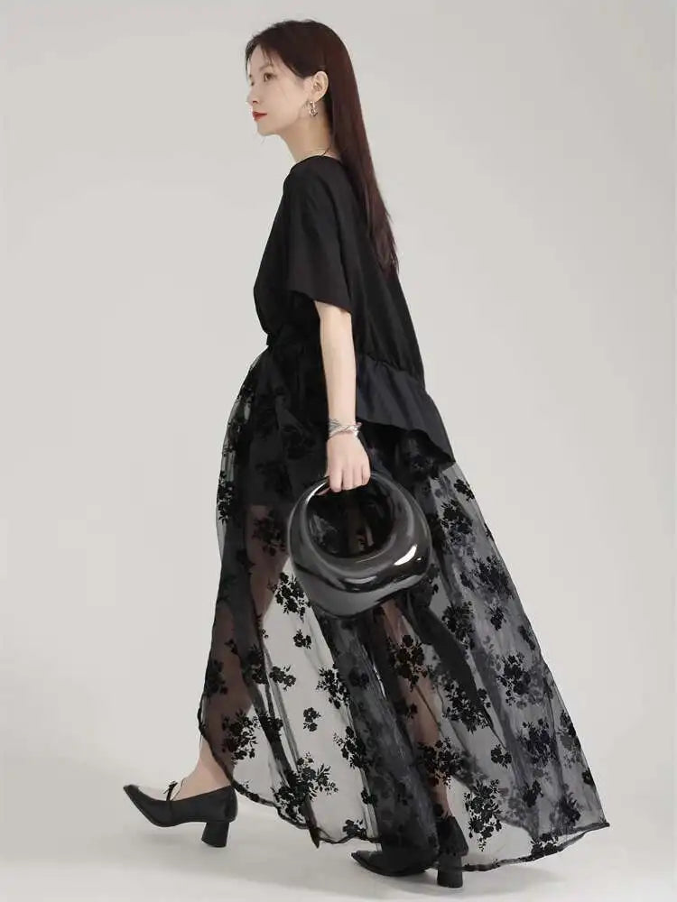 High Waist Black Lace Organza Perspective A-line Half-body Skirt Women Fashion Tide New Spring Autumn 2025 1DH6041