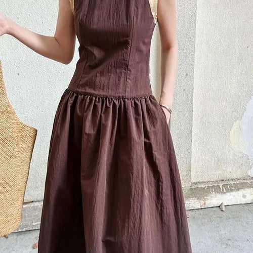 Load image into Gallery viewer, Women Coffee Color-block Elegant Long Vest Dress New Round Neck Sleeveless Fashion Tide Spring Summer 2025 1DJ0743
