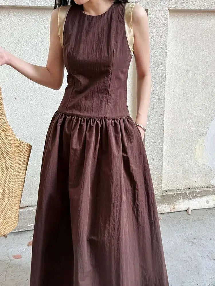 Women Coffee Color-block Elegant Long Vest Dress New Round Neck Sleeveless Fashion Tide Spring Summer 2025 1DJ0743