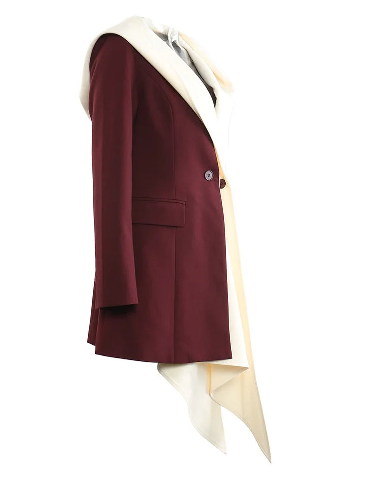 Women Wine Red Irregular Color-block Elegant Blazer New Hooded Long Sleeve Jacket Fashion Tide Spring Autumn 2025 1DH9528