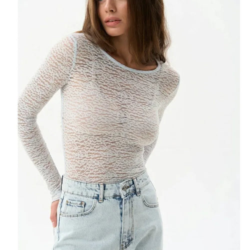 Load image into Gallery viewer, Fashion Long Sleeve Elastic Tight Women Top Round Neck Lace Perspective T-shirt Female Street Autumn/Winter New Clothing
