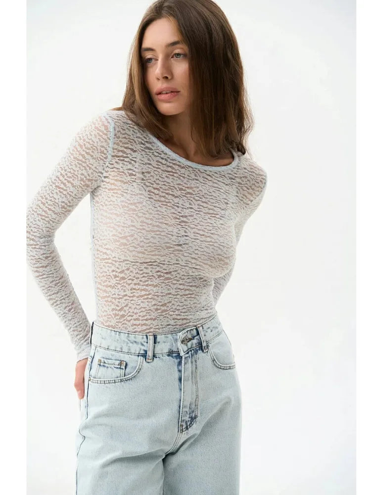 Fashion Long Sleeve Elastic Tight Women Top Round Neck Lace Perspective T-shirt Female Street Autumn/Winter New Clothing