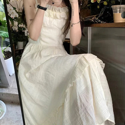 Load image into Gallery viewer, Ruffles Spaghetti Strap Slim Apricot Women&#39;s Dresses Sleeveless Slash Neck Solid Color Elegant Summer Female Maxi Dress
