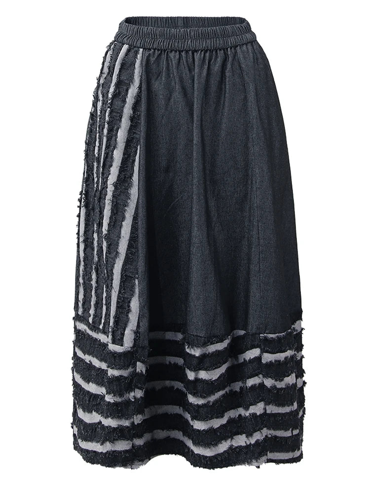 High Elastic Waist Black Burr Striped Irregular A-line Half-body Skirt Women Fashion Tide New Spring Autumn 2025 1DH5351