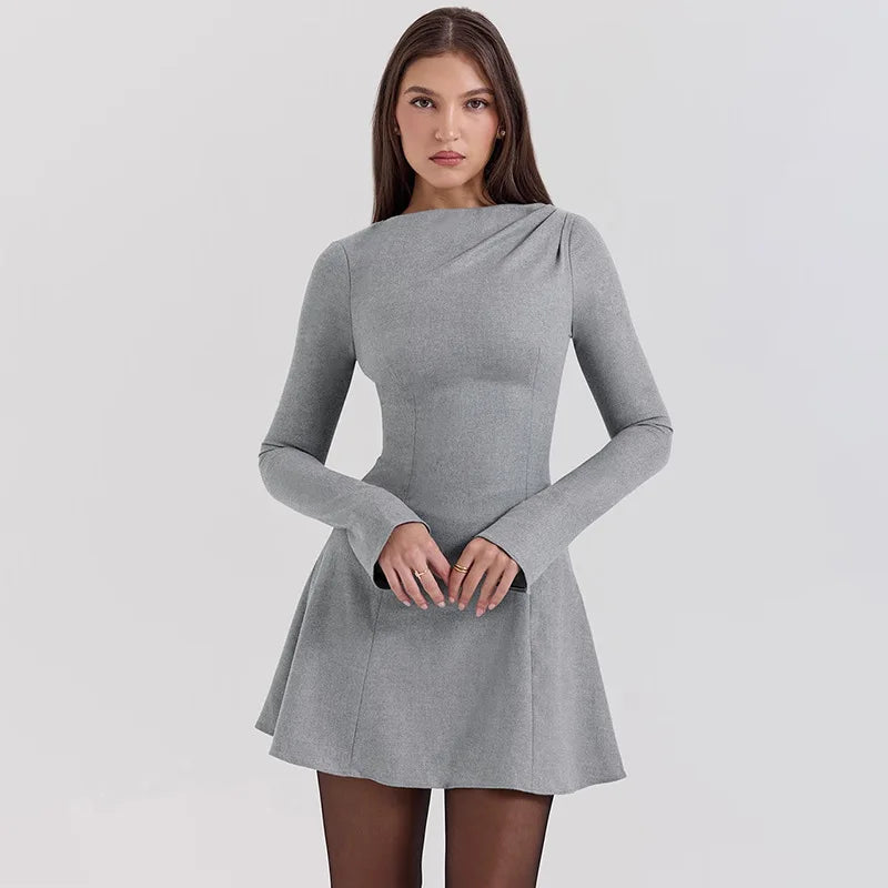 Long Sleeve High Waist Sexy Mini Dress For Women Autumn Winter New Solid O Neck Bodycon Club Party Dress Elegant