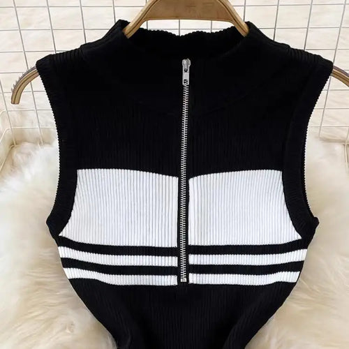Load image into Gallery viewer, Sexy Women's Black White Stripes Patchwork Zippers Knitted Vest Dress 2024 Spring Summer Office Sleeveless Slim Party Midi Dress
