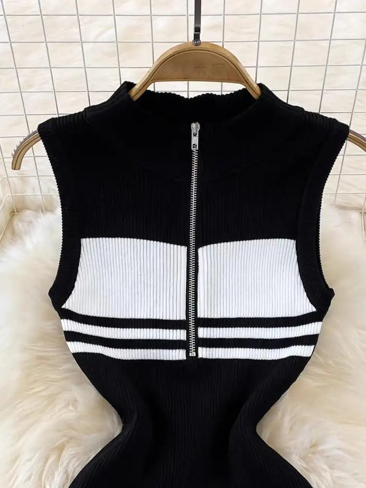 Sexy Women's Black White Stripes Patchwork Zippers Knitted Vest Dress 2024 Spring Summer Office Sleeveless Slim Party Midi Dress