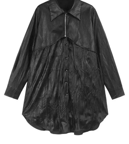 Women Black Pu Leather Pleated Big Size Mini Shirt Dress New Lapel Long Sleeve Fashion Tide Spring Autumn 2025 1DH7337