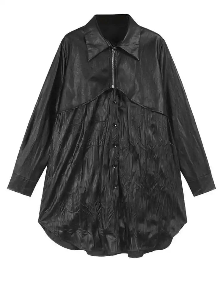 Women Black Pu Leather Pleated Big Size Mini Shirt Dress New Lapel Long Sleeve Fashion Tide Spring Autumn 2025 1DH7337