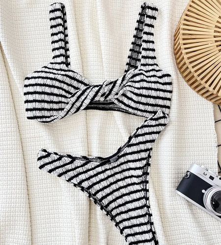 Sexy Black White Striped Bandeau Bikini Set Women Swimwear 2024 Brazilian Swimsuit Female Bandage Bathing Suit