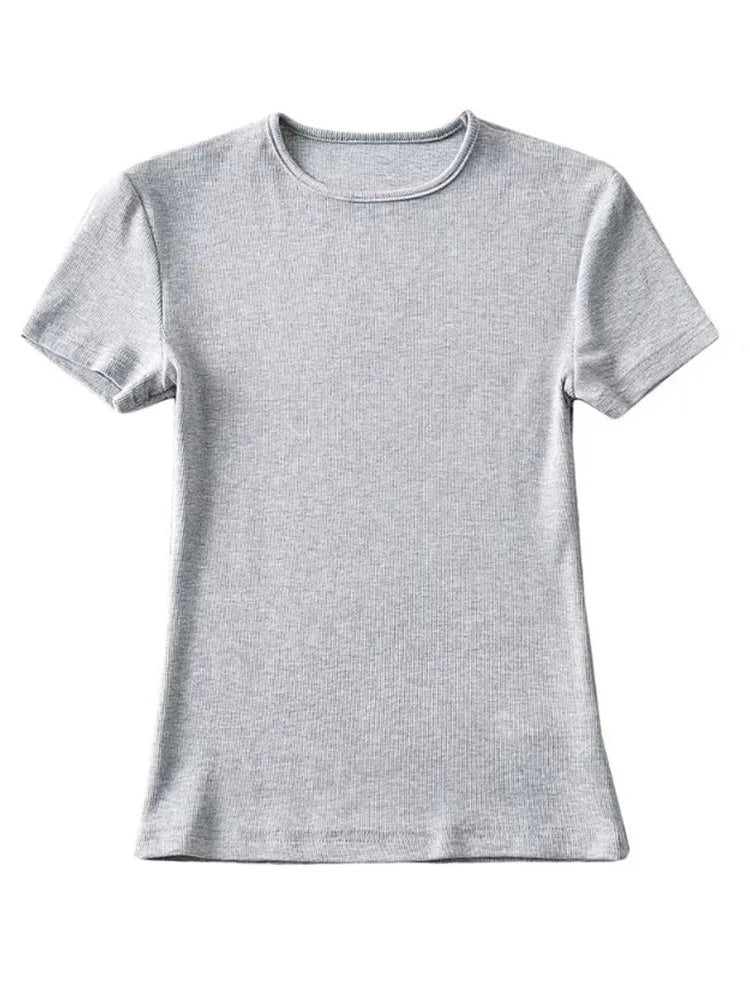 Casual Summer Woman Skinny Fit T-shirt Tight Short-Sleeve O-neck Tee Basic Solid Crop Tops T Shirt