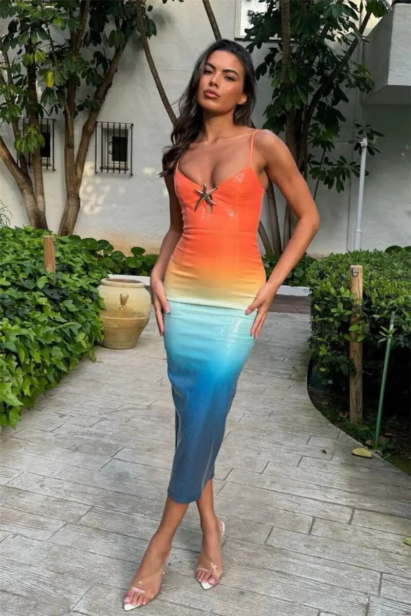 Sequins Spaghetti Strap Gradient Sexy Maxi Dress For Women Fashion Sleeveless Backless Split Sparkle Club Party Dress